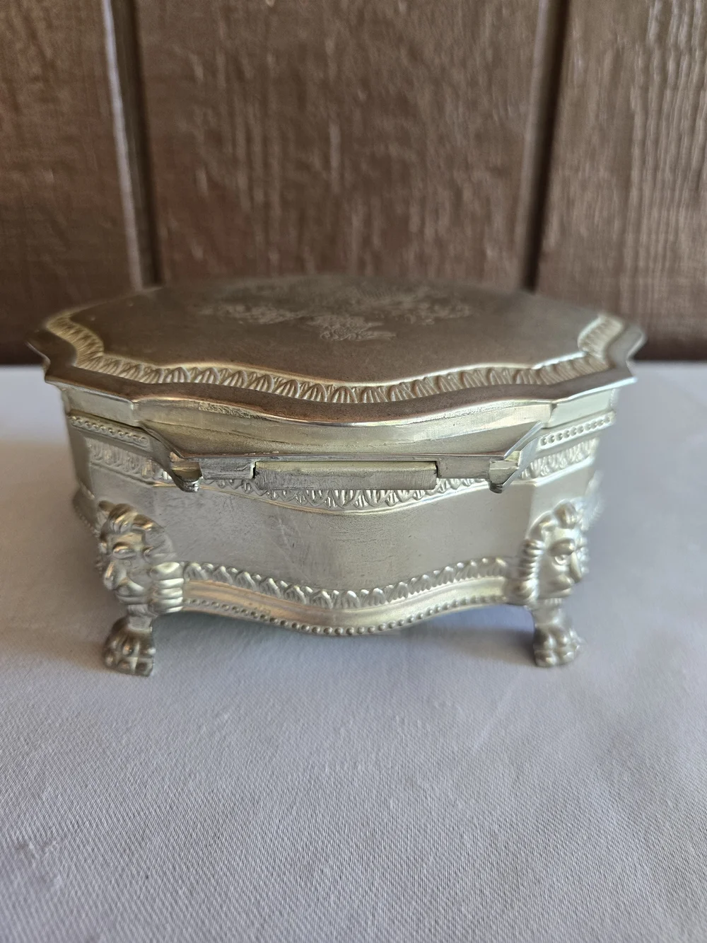 Ornate Jewelry Trinket Box with Lion Head Feet And Red Lining Vintage